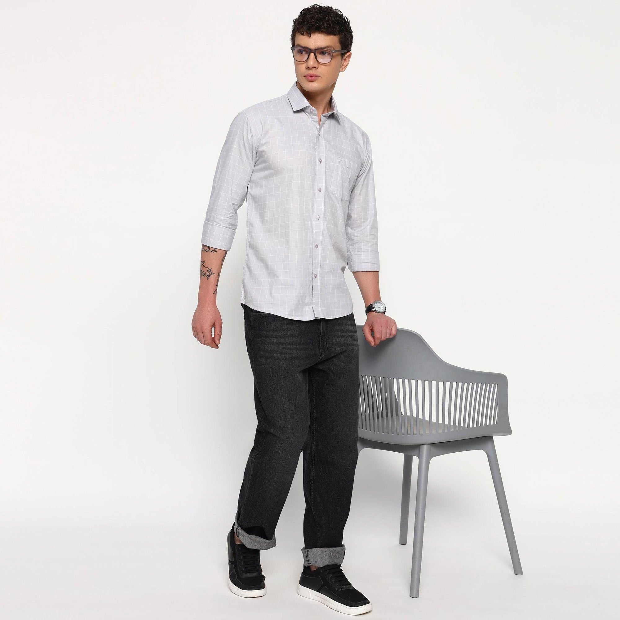 Light Grey Matrix Checks Cotton Shirt - Sangai