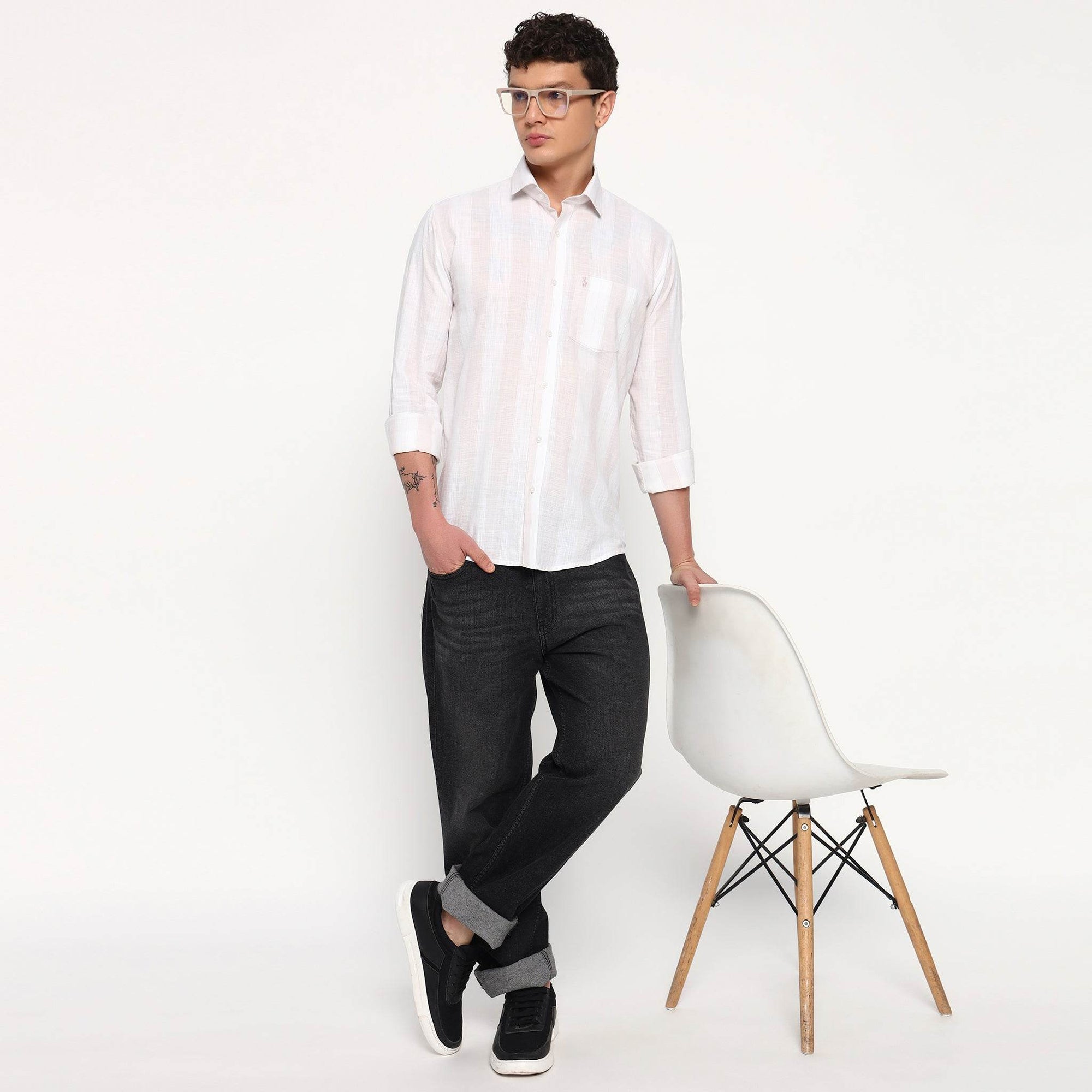 White Light Pink Stripes Cotton Shirt - Sangai
