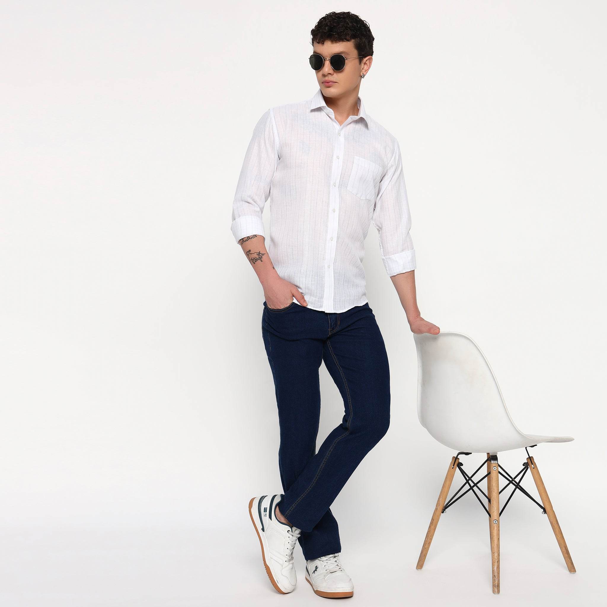 White Blue Line Stripes Cotton Shirt - Sangai