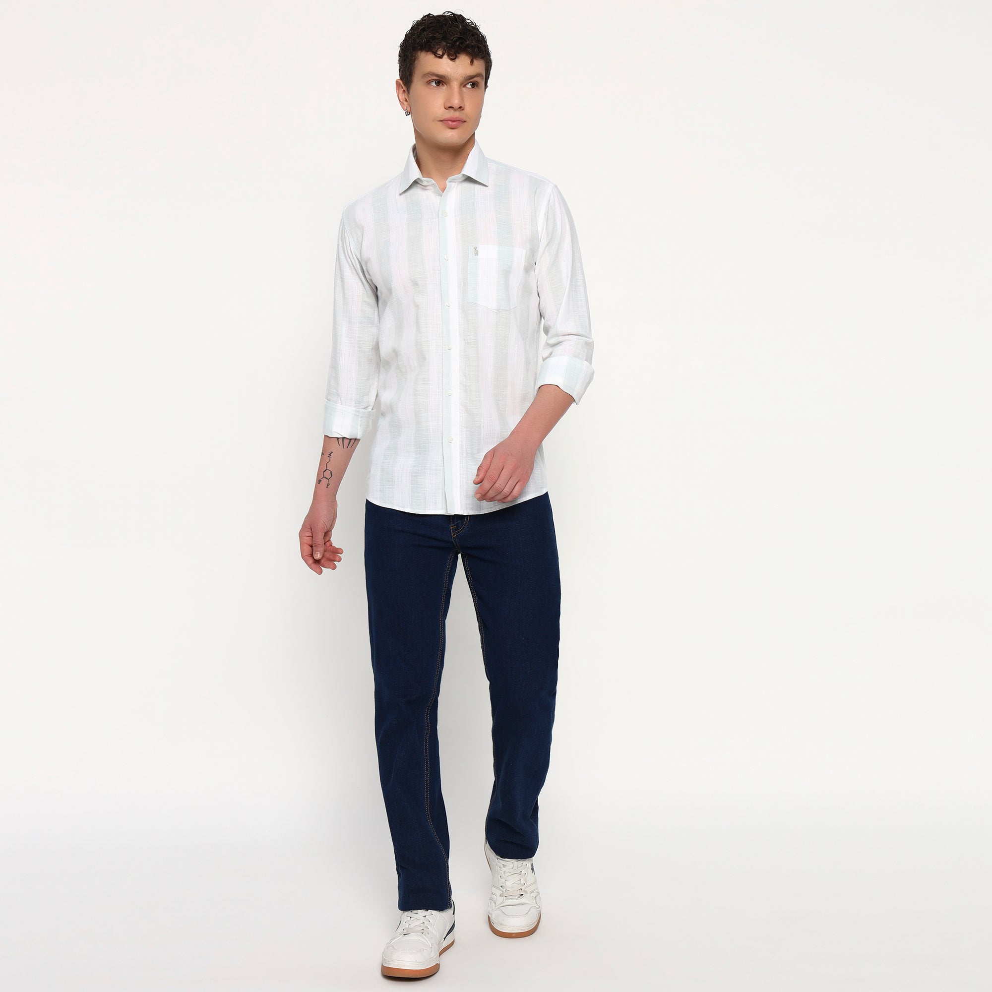 White Mint Green Stripes Cotton Shirt