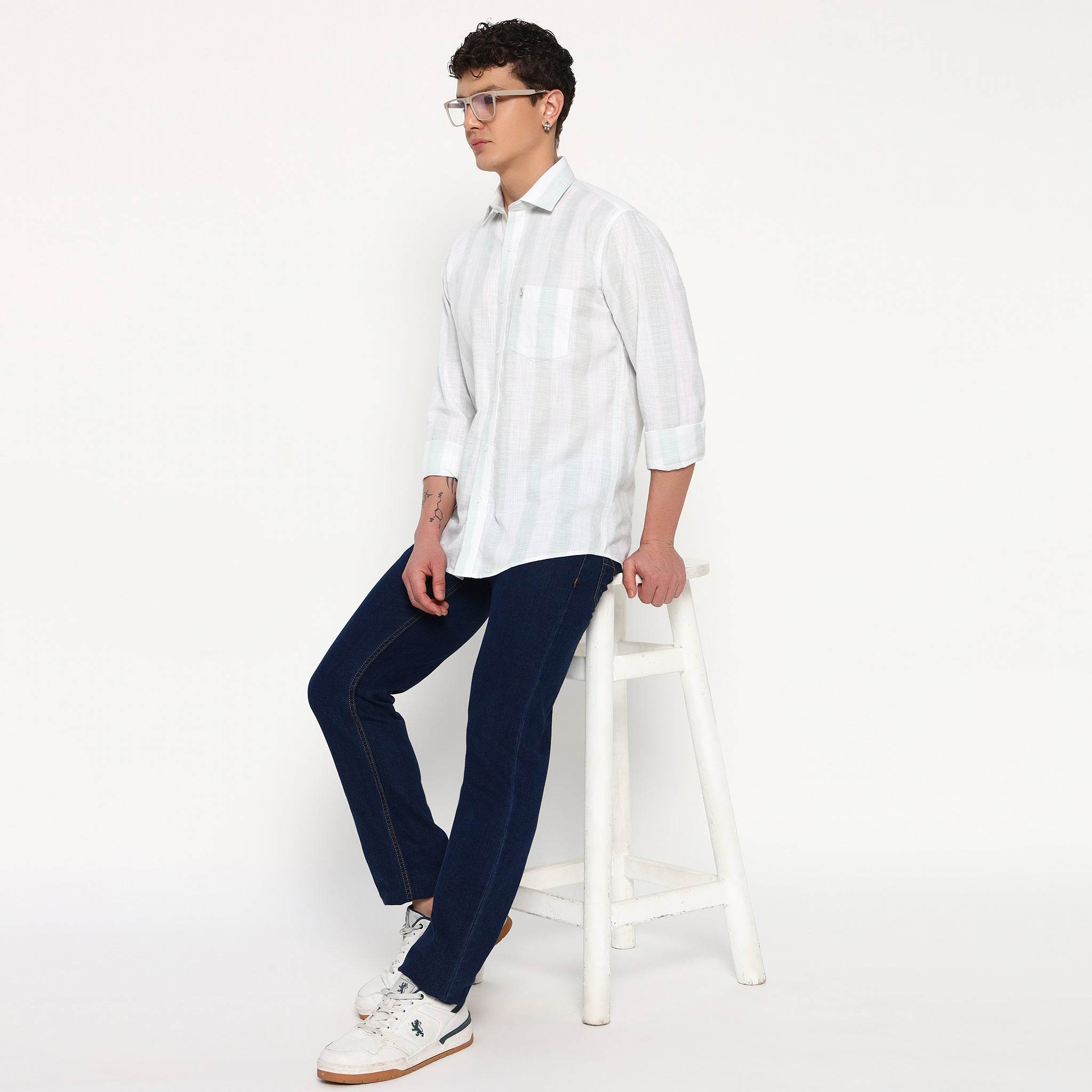 White Mint Green Stripes Cotton Shirt - Sangai