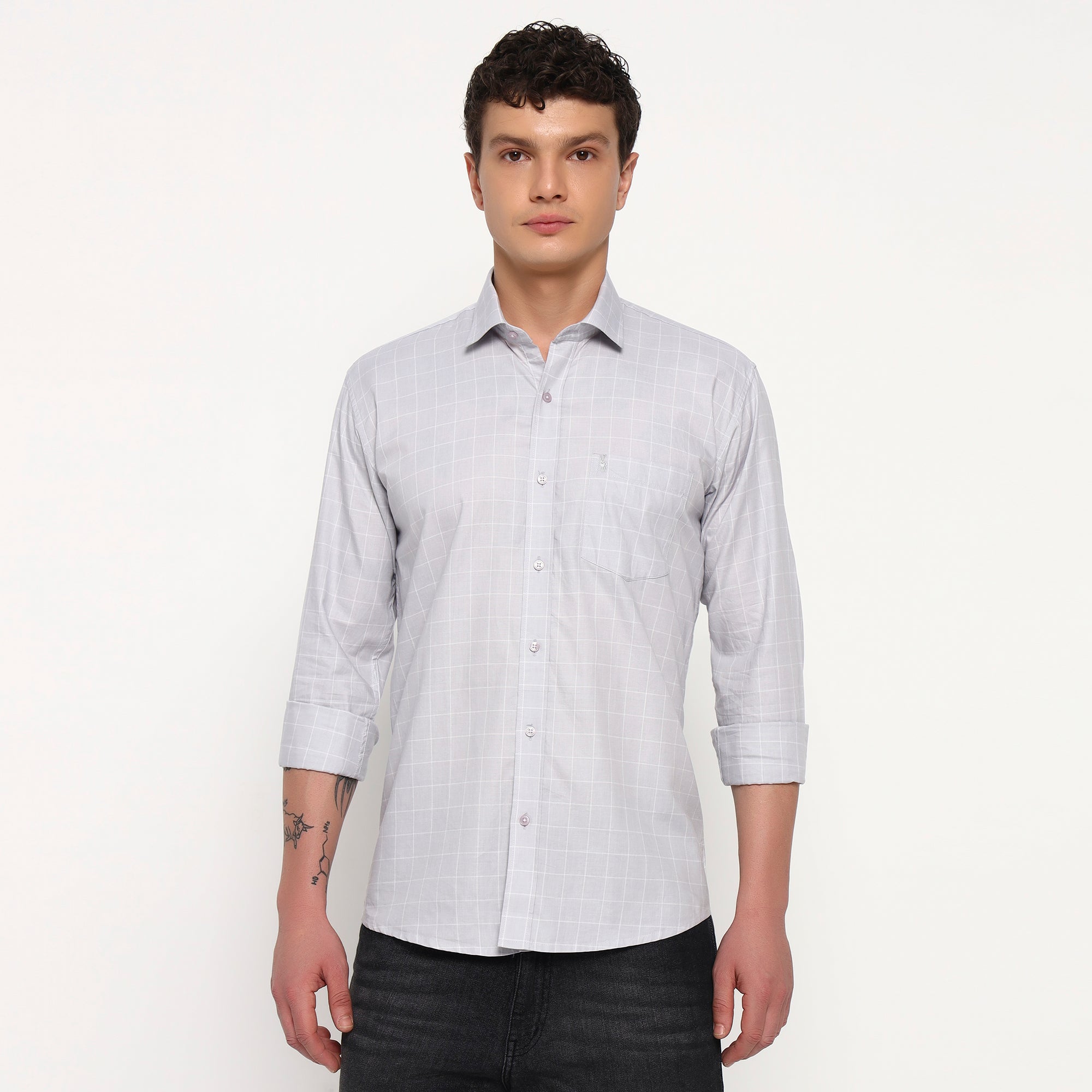 Light Grey Matrix Checks Cotton Shirt