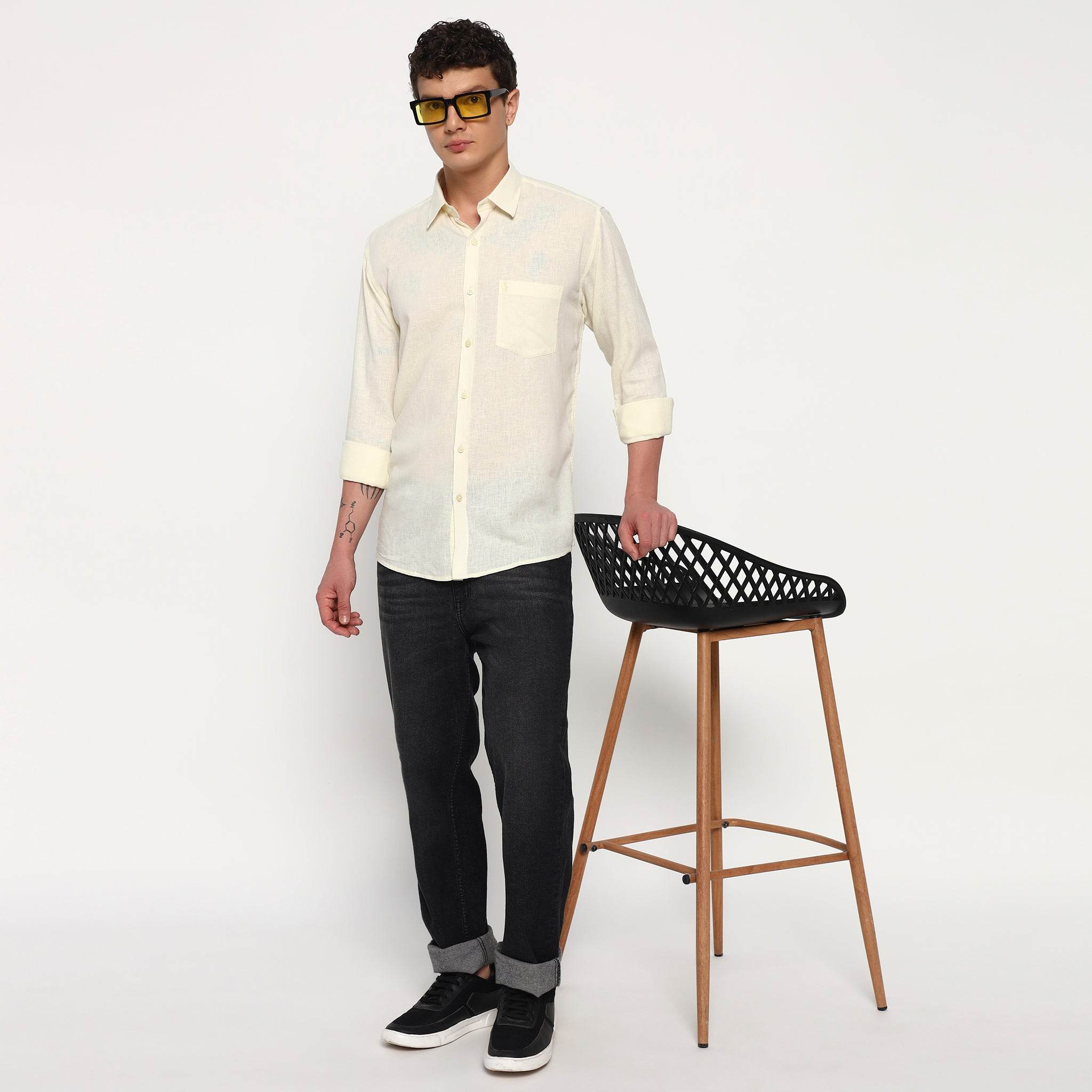 Pale Yellow Belgian Linen Shirt - Sangai