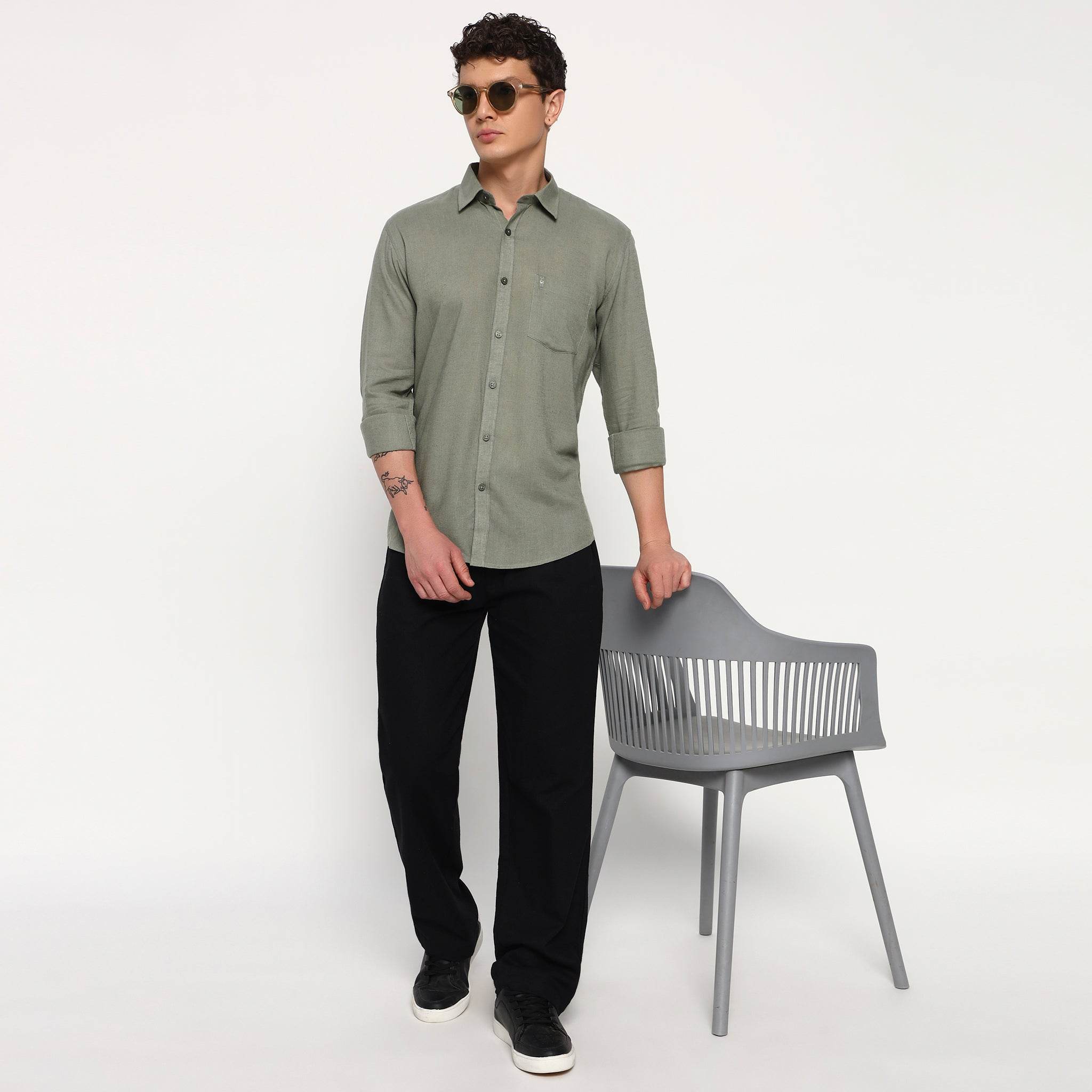 Olive Green Belgian Linen Shirt - Sangai