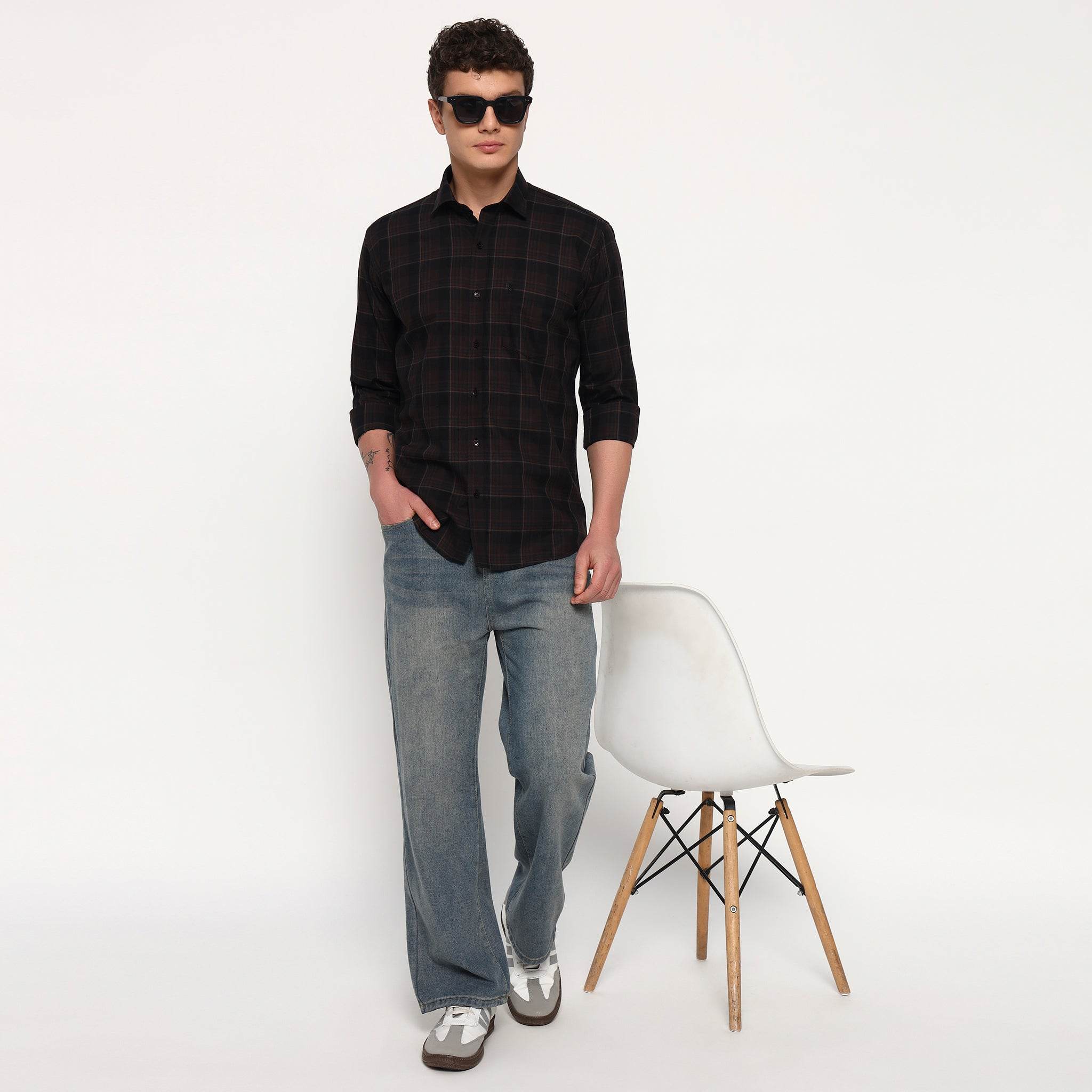 Coffee Brown Checks Cotton Shirt - Sangai