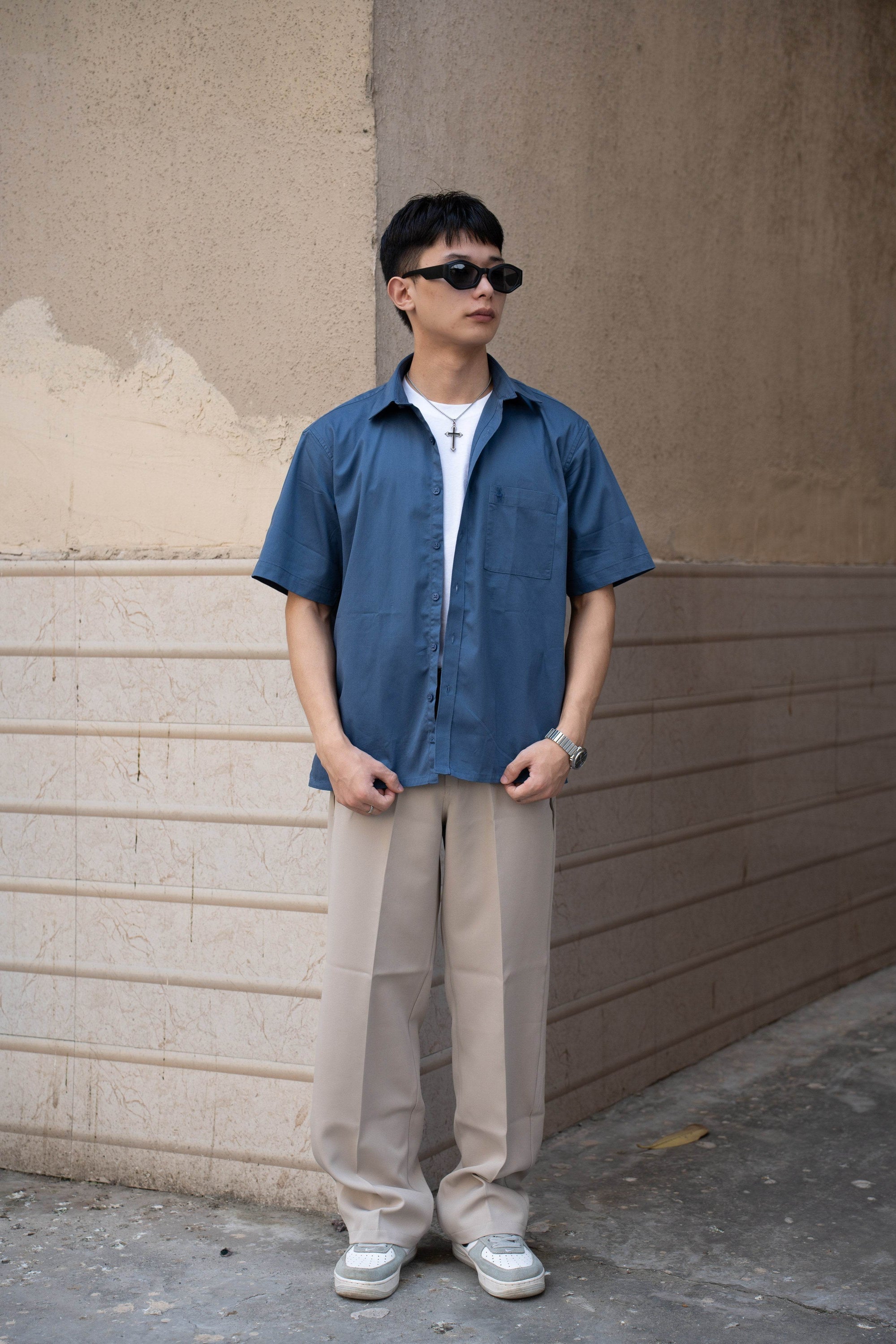 Steel Blue Oversized Half Sleeves Shirt - Sangai