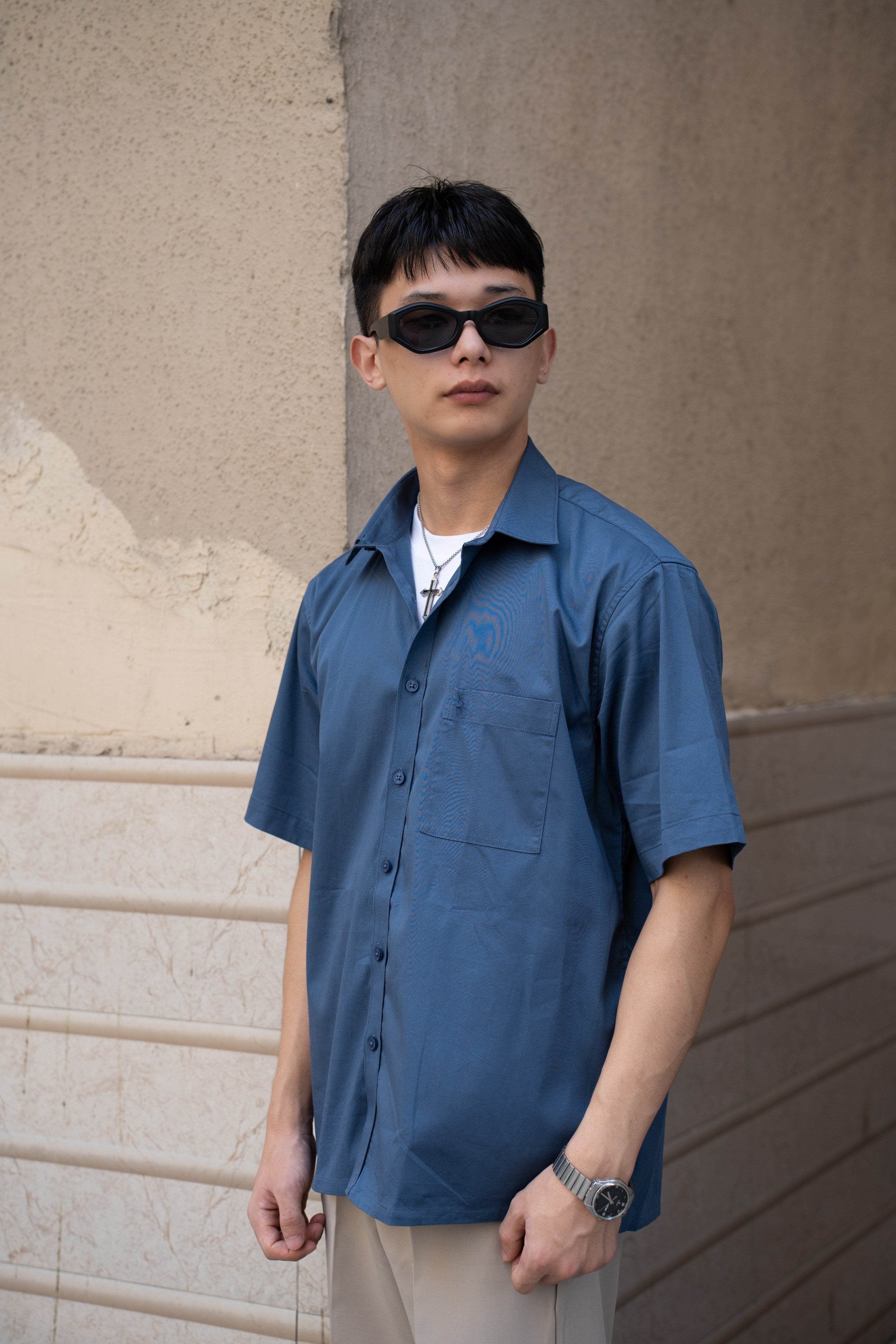 Steel Blue Oversized Half Sleeves Shirt - Sangai
