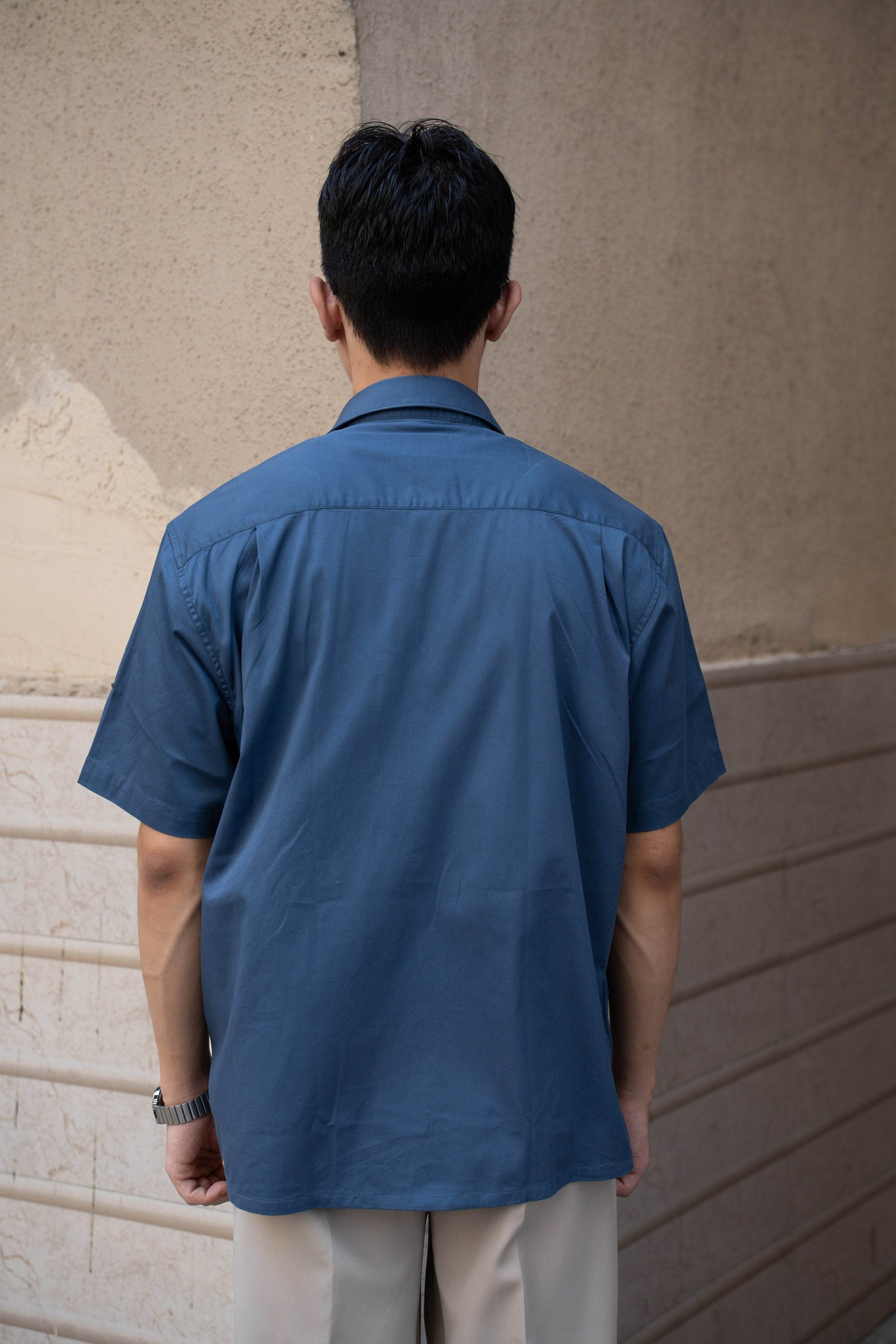 Steel Blue Oversized Half Sleeves Shirt - Sangai