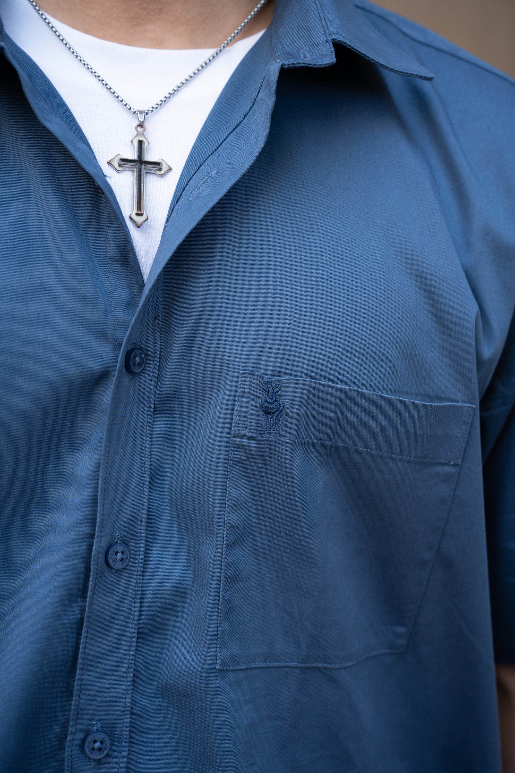 Steel Blue Oversized Half Sleeves Shirt - Sangai