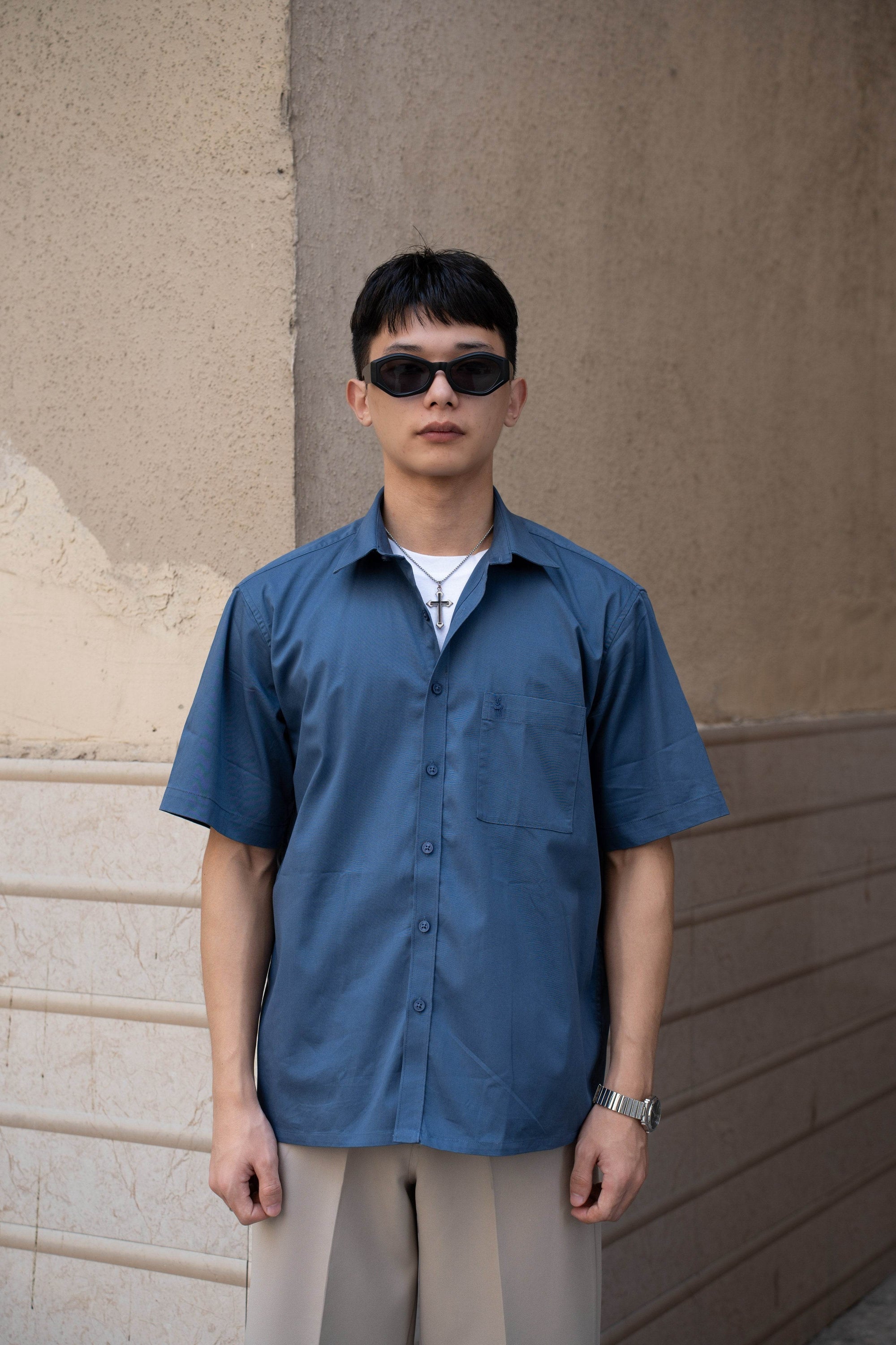 Steel Blue Oversized Half Sleeves Shirt - Sangai