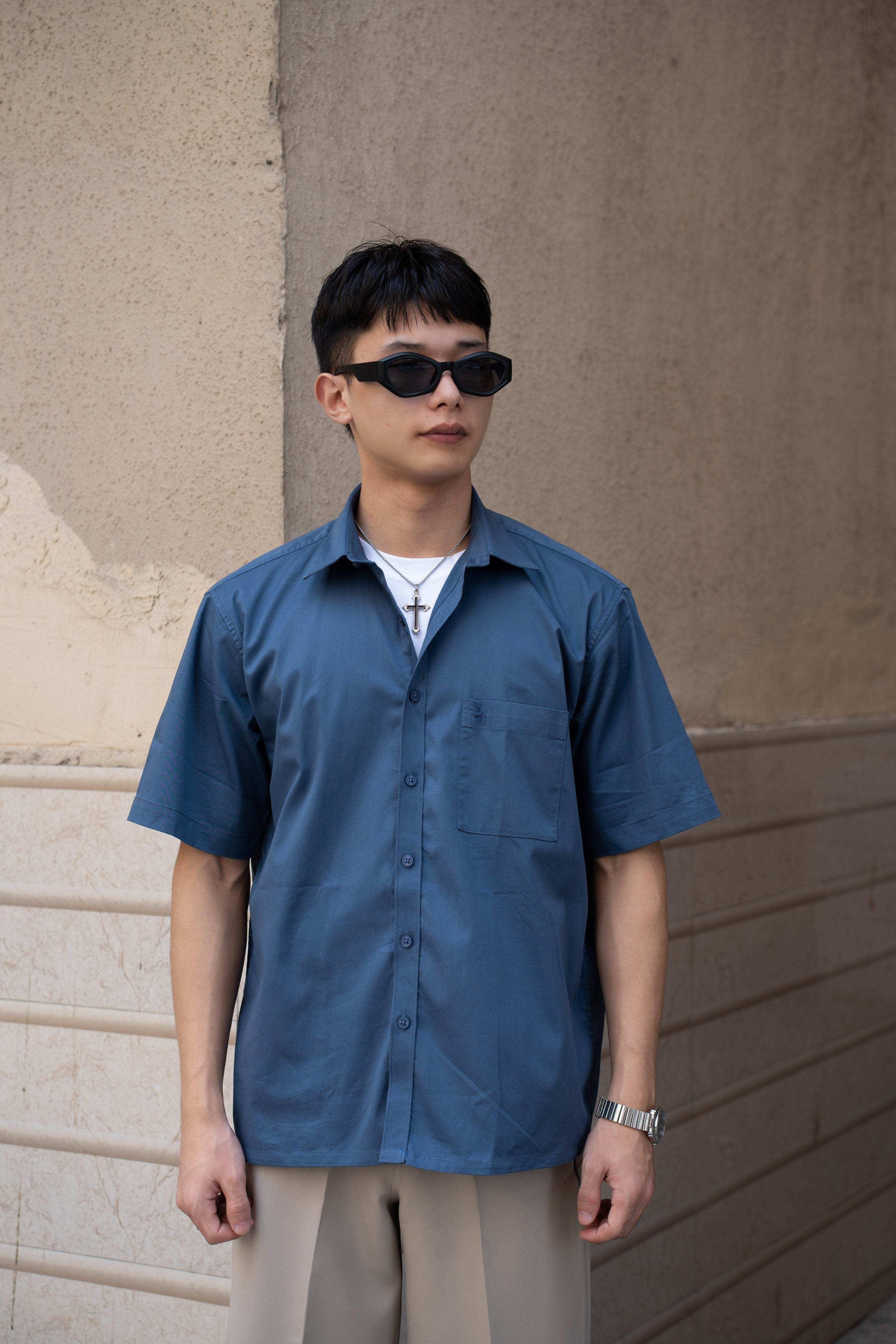 Steel Blue Oversized Half Sleeves Shirt - Sangai