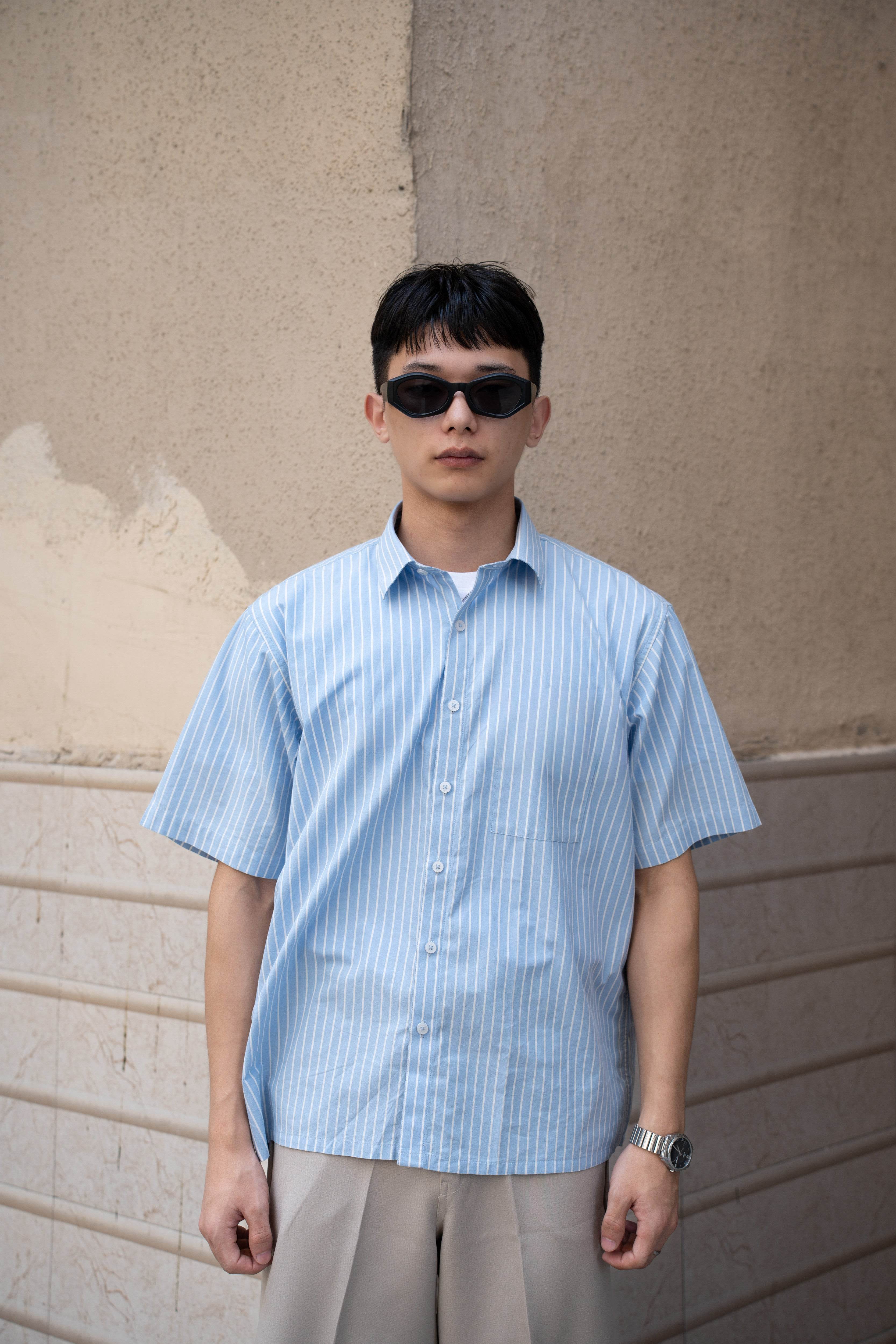 Oversized Blue & White Striped Half Sleeves Shirt - Sangai