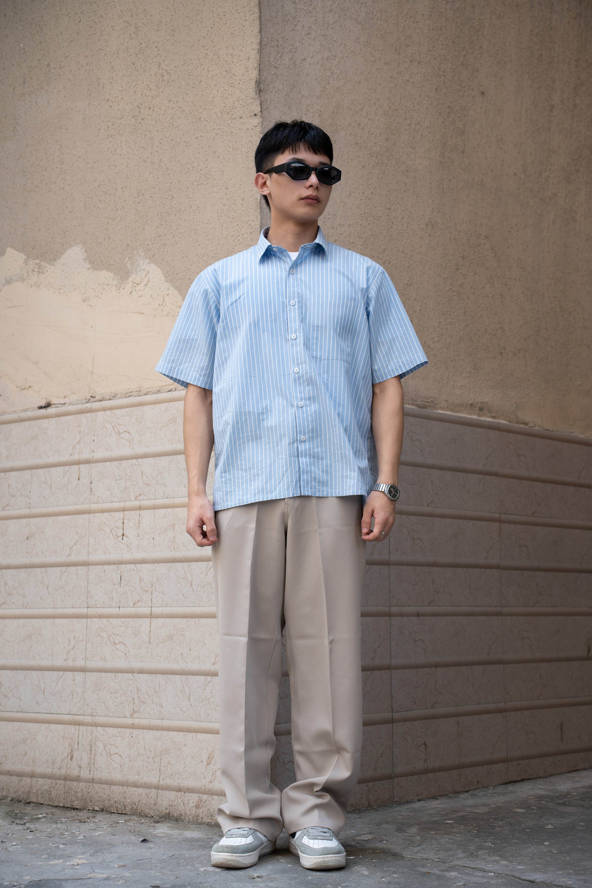 Oversized Blue & White Striped Half Sleeves Shirt - Sangai