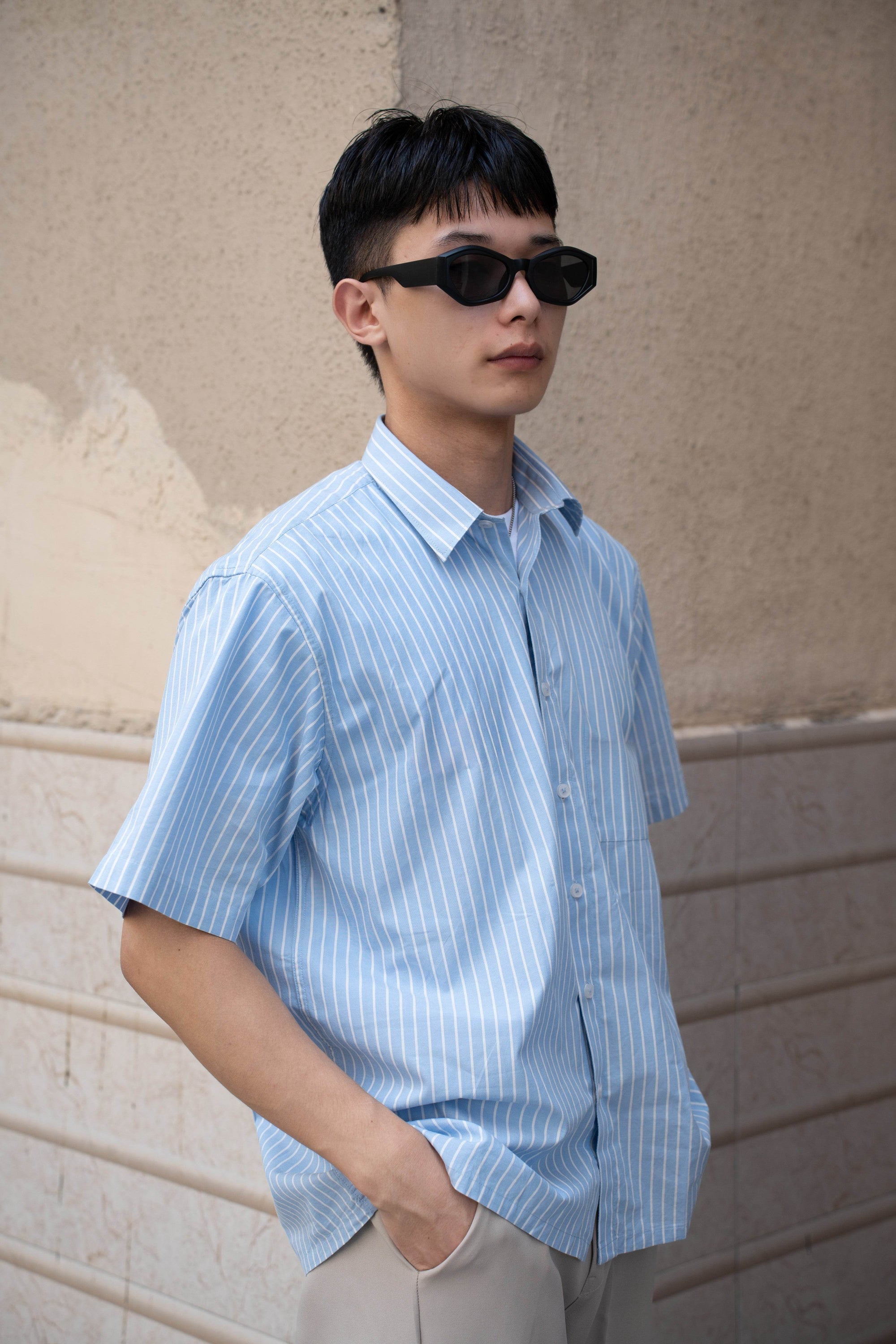 Oversized Blue & White Striped Half Sleeves Shirt - Sangai