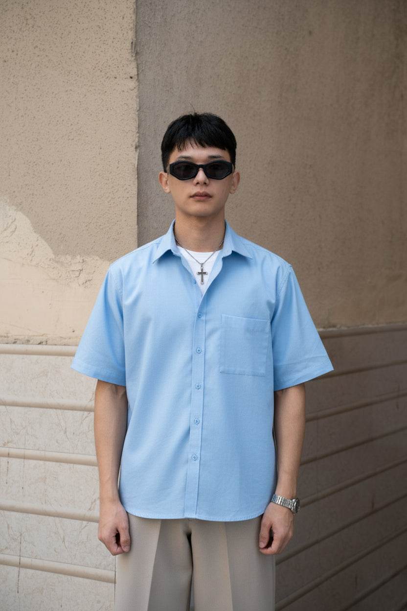Sky Blue Oversized Half Sleeves Shirt - Sangai