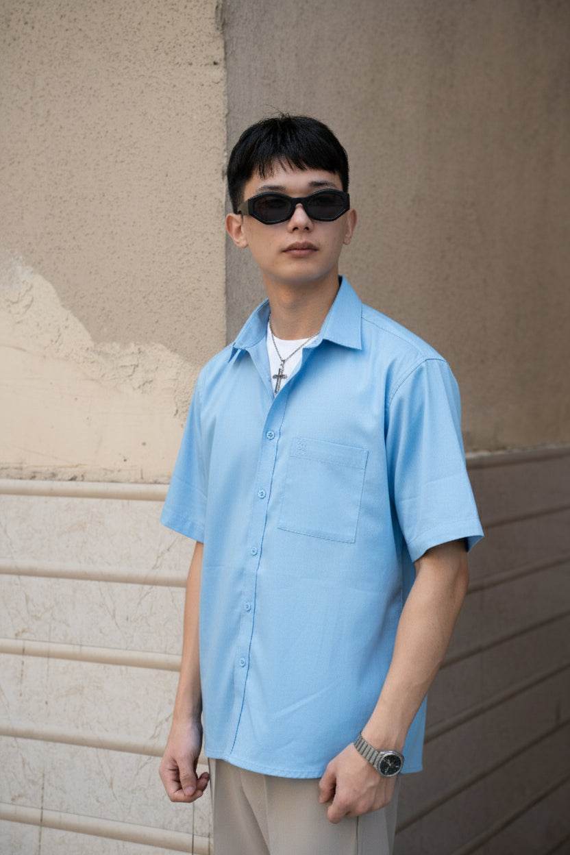 Sky Blue Oversized Half Sleeves Shirt - Sangai