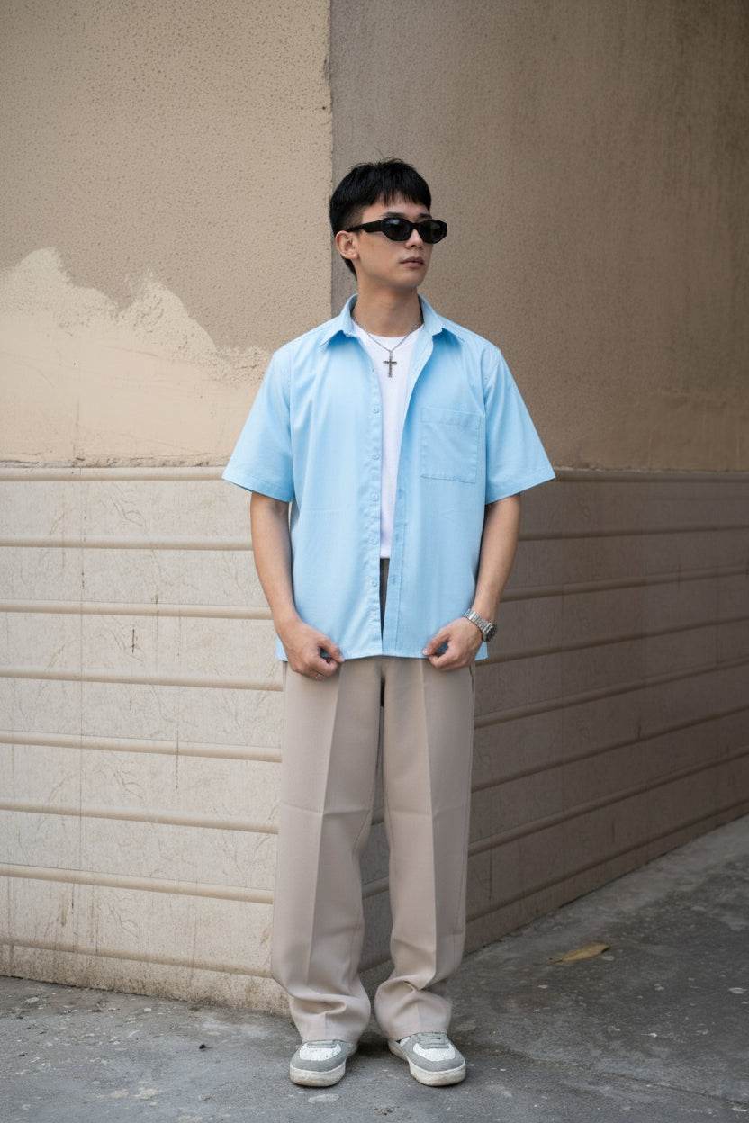 Sky Blue Oversized Half Sleeves Shirt - Sangai