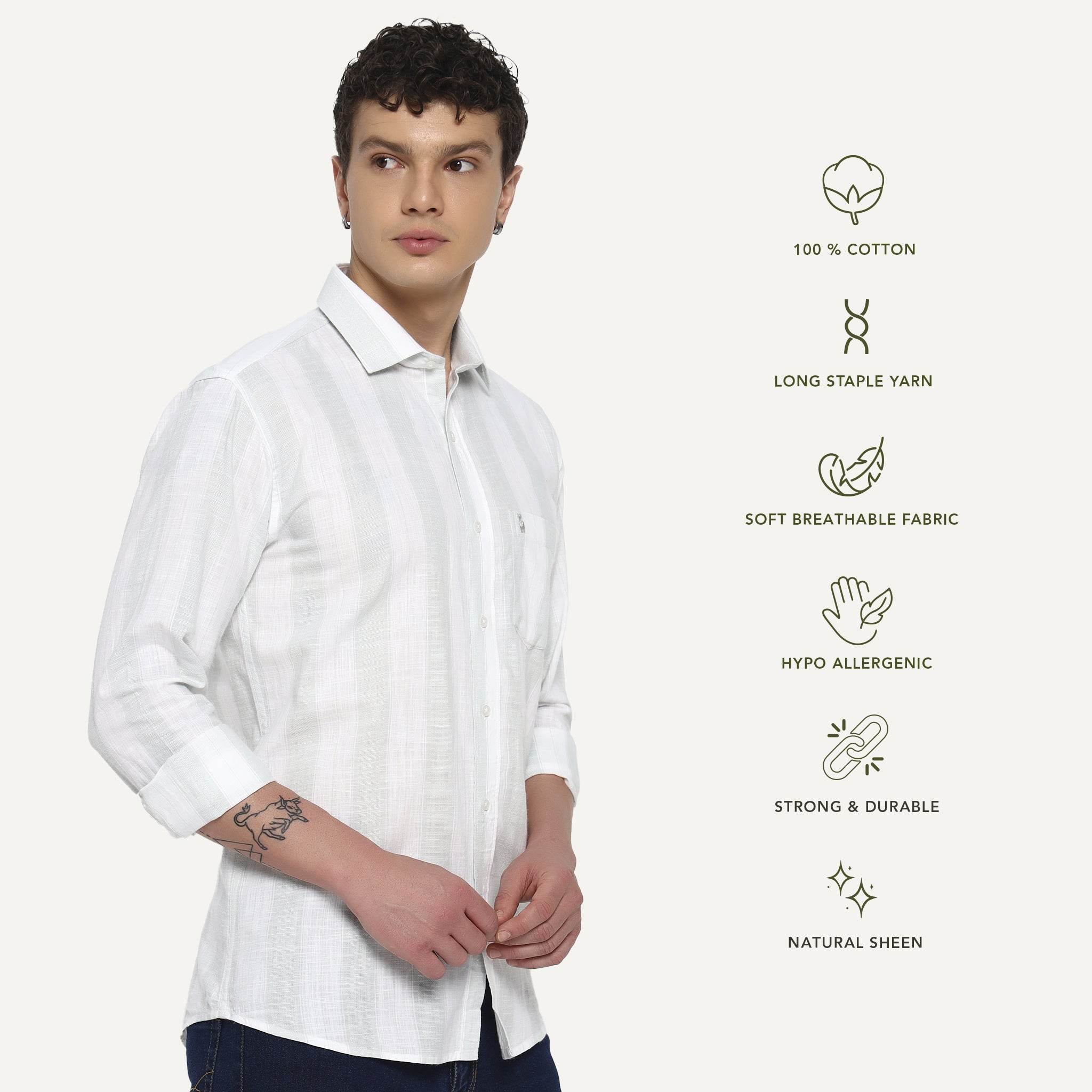 White Mint Green Stripes Cotton Shirt - Sangai