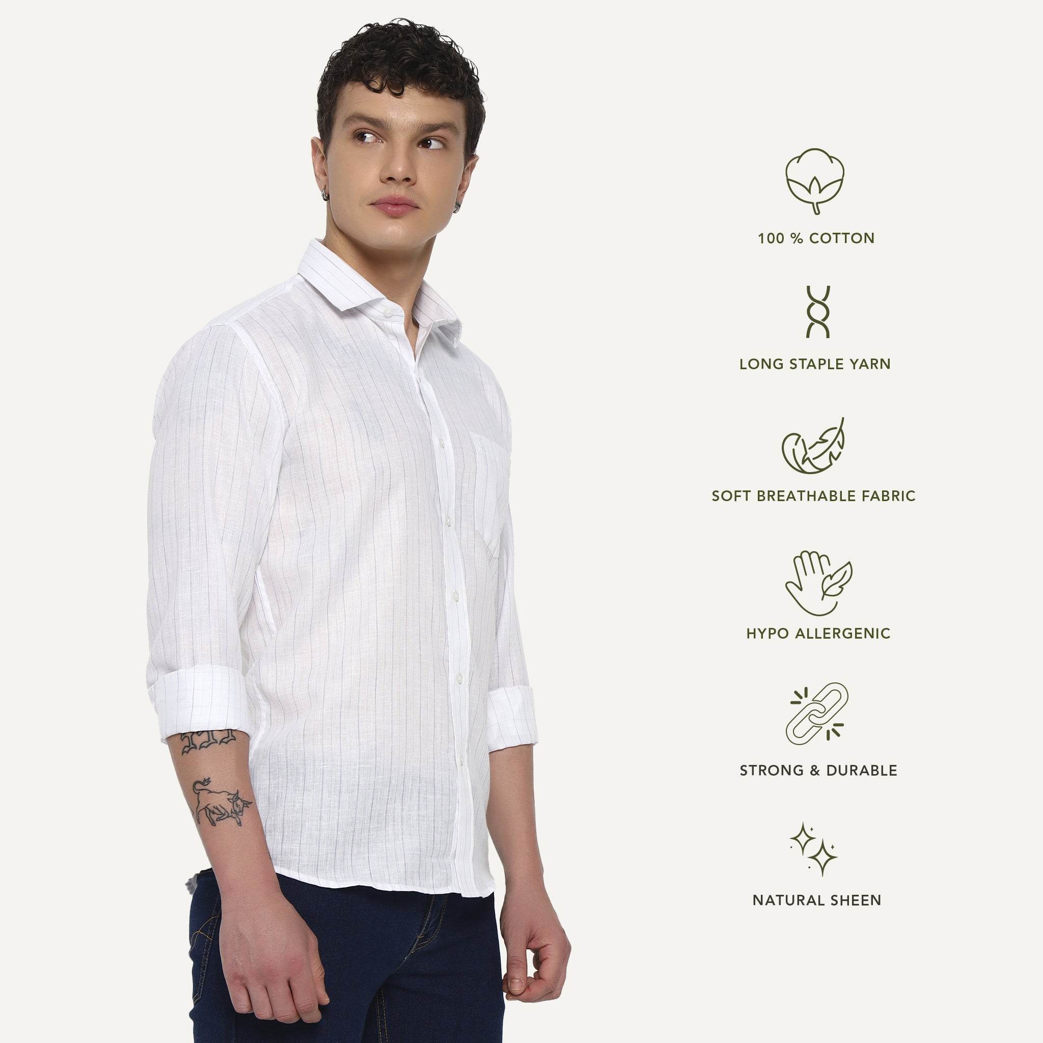 White Blue Line Stripes Cotton Shirt - Sangai