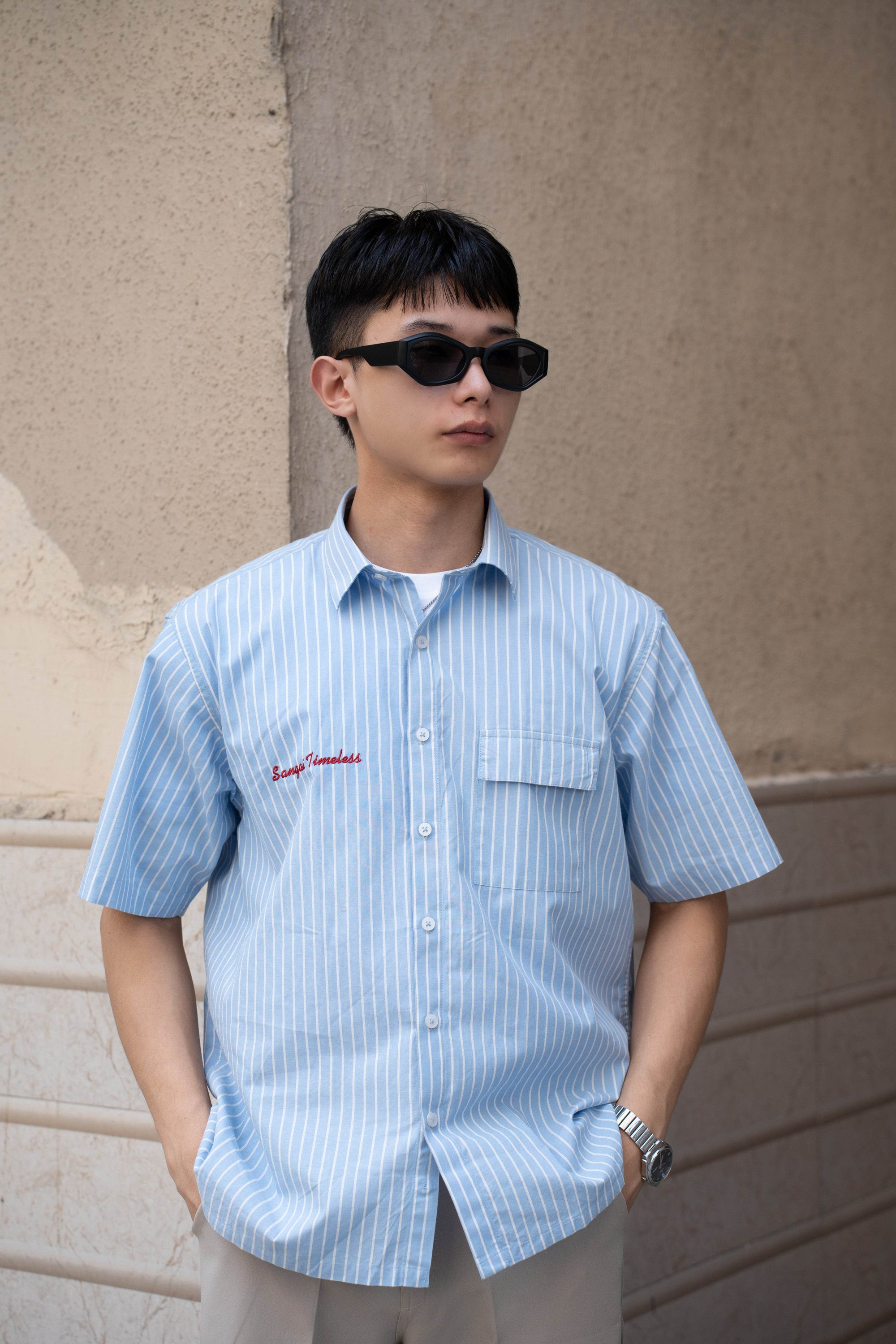 Oversized Striped Half Sleeves Shirt (Embroidered) - Sangai