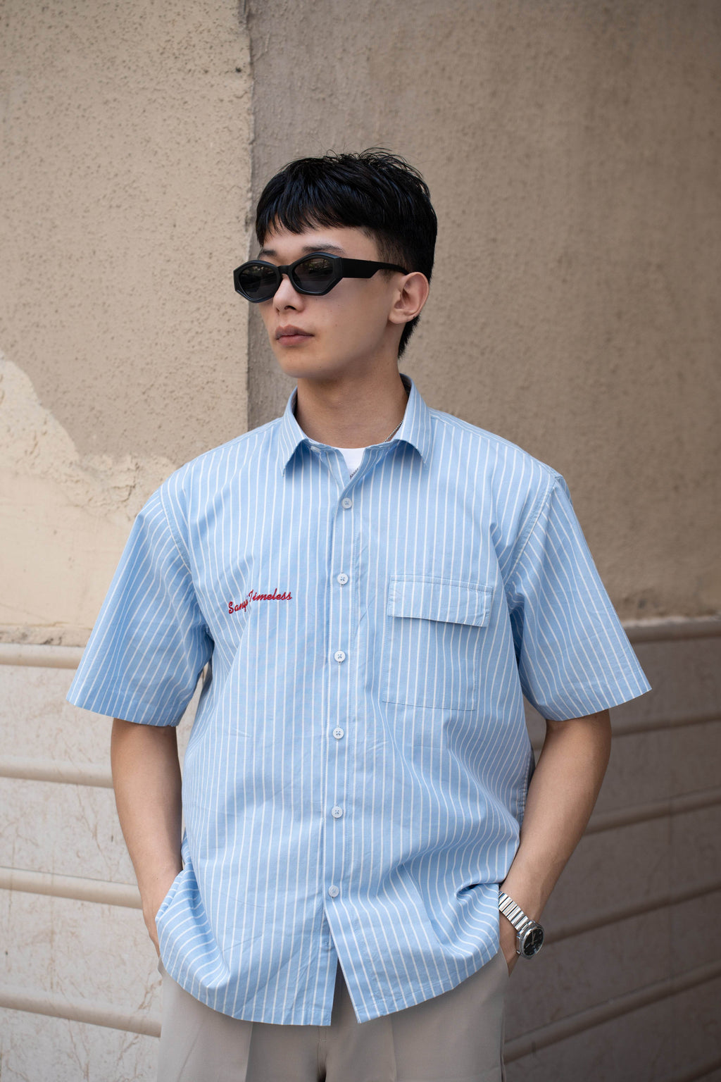 Oversized Striped Half Sleeves Shirt (Embroidered) - Sangai