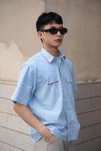 Oversized Striped Half Sleeves Shirt (Embroidered) - Sangai