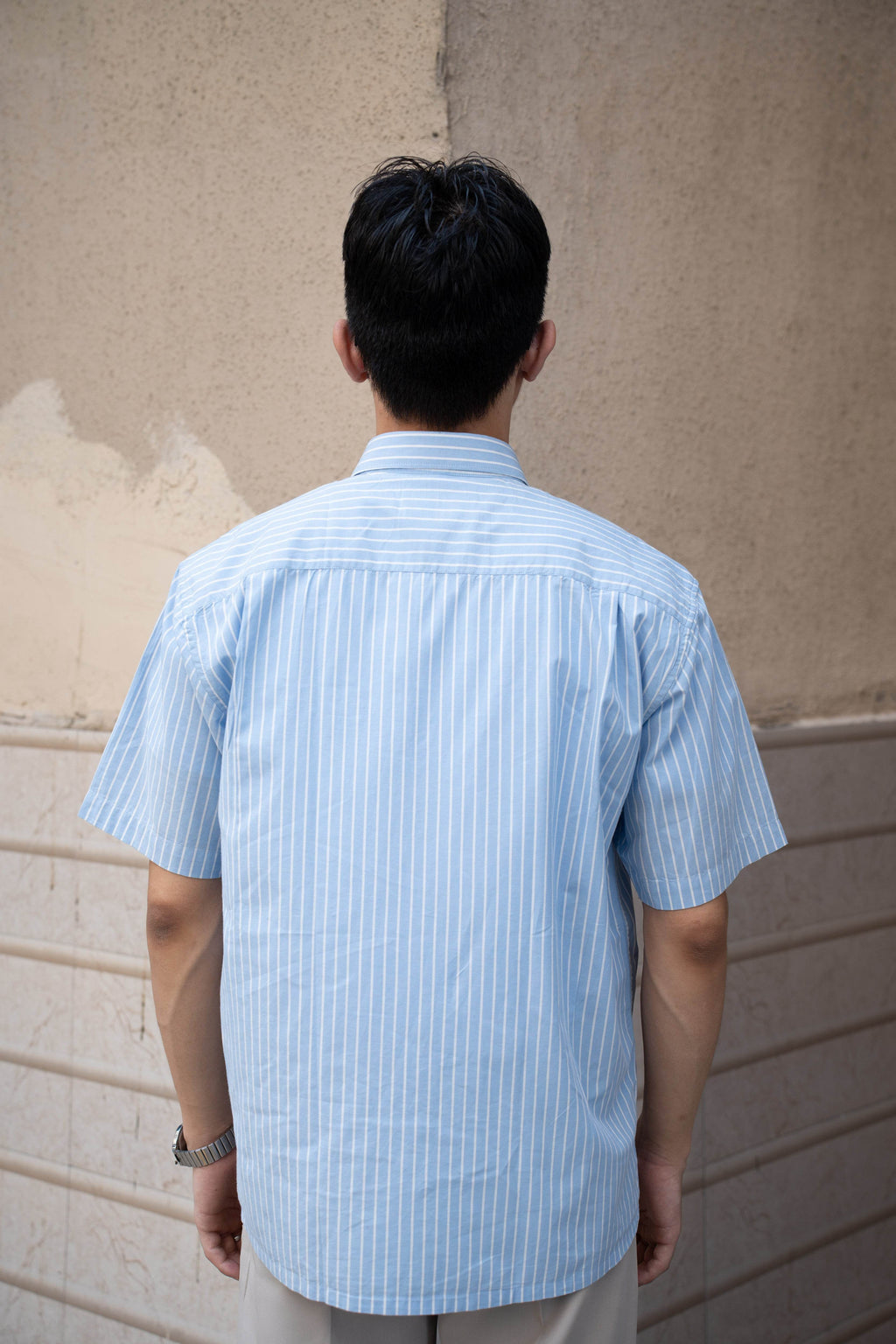 Oversized Blue & White Striped Half Sleeves Shirt - Sangai