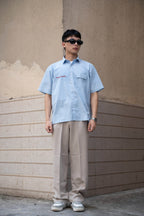 Oversized Striped Half Sleeves Shirt (Embroidered) - Sangai