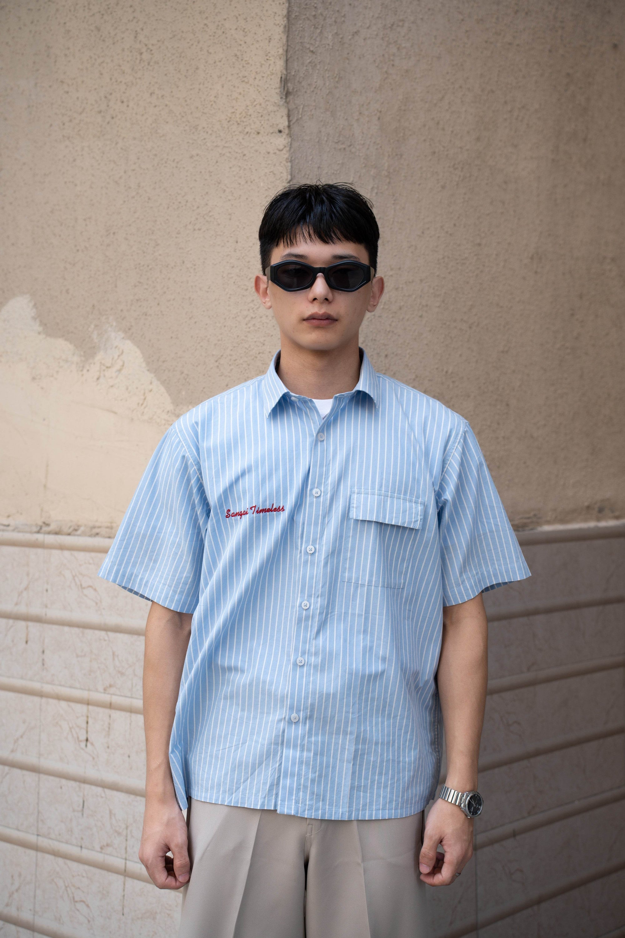 Oversized Striped Half Sleeves Shirt (Embroidered) - Sangai